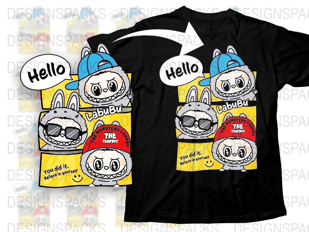 Cute Cartoon Animals T-Shirt, Funny Hello Graphic Tee, Casual Unisex Black Top