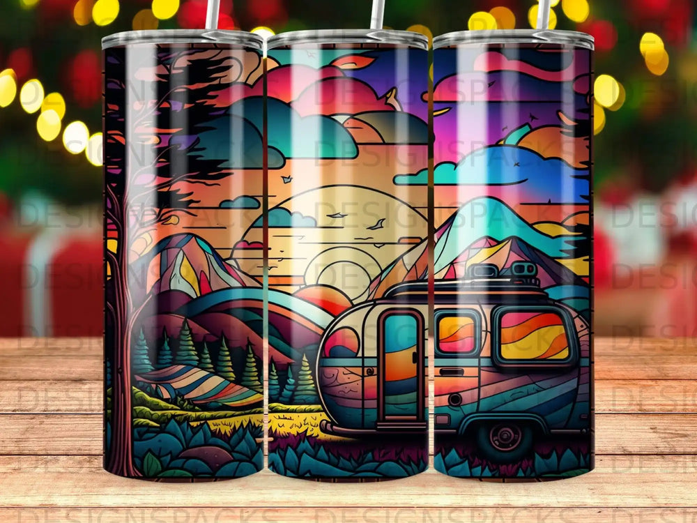 Camper van at sunset with colorful mountains, trees, and a starry sky.