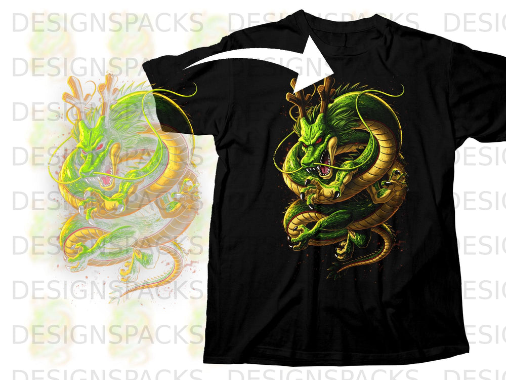 Black t-shirt with a green and gold dragon design on the front.
