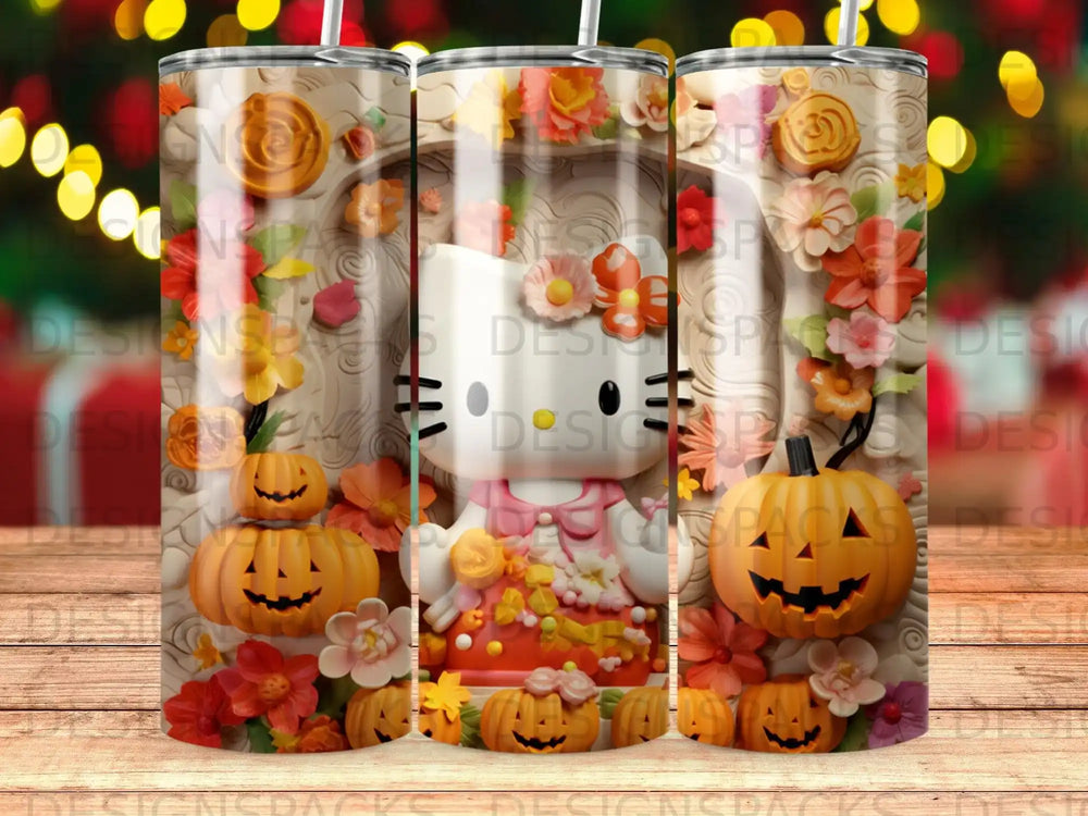 Hello Kitty surrounded by pumpkins and flowers on a cylindrical tumbler.