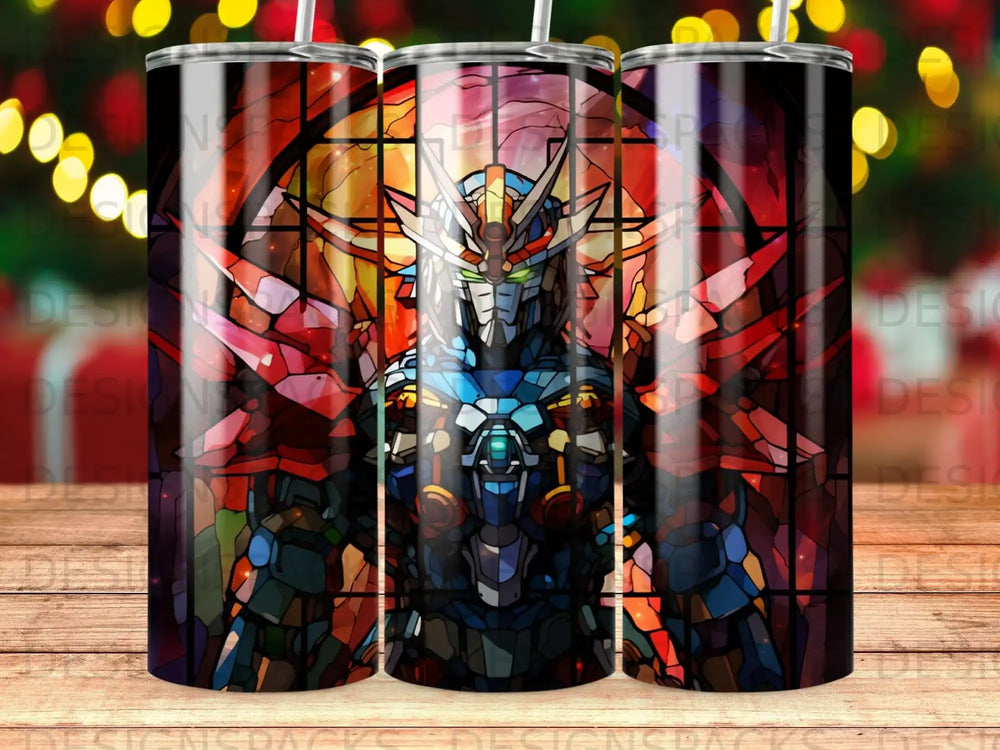Gundam robot in stained glass style on a tumbler.