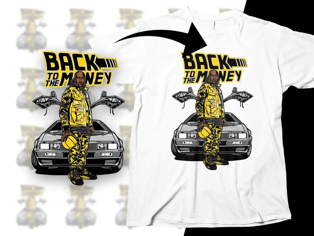 Back to the Money t-shirt design with yellow camo outfit and DeLorean car graphic