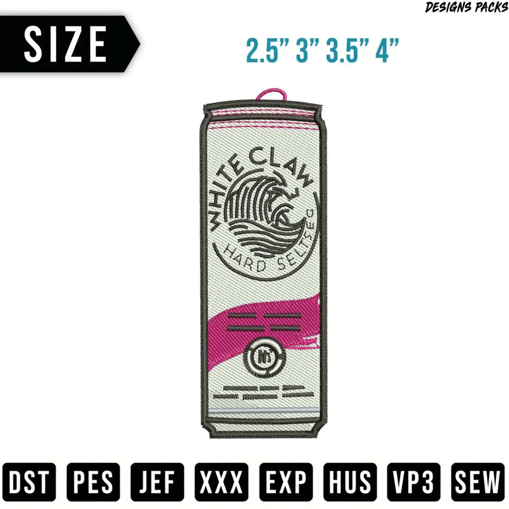 White Claw hard seltzer can embroidered patch, available in four sizes.