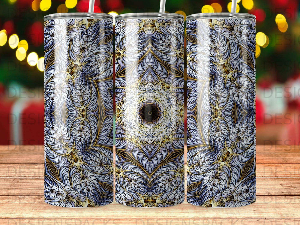 Tumbler with intricate blue, gold, and white fractal pattern.