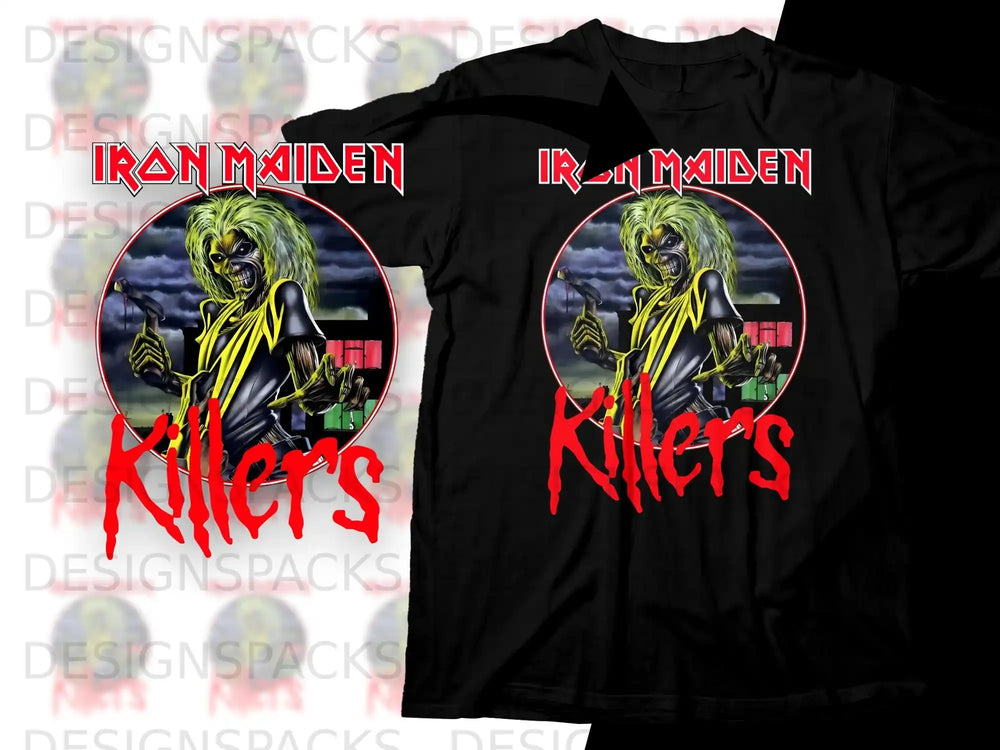 Black t-shirt featuring Iron Maiden "Killers" album art with skull-faced mascot.