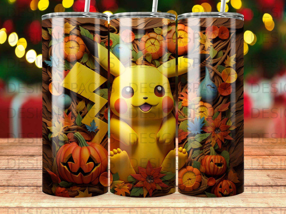 Pikachu surrounded by pumpkins and autumn leaves on a tumbler.