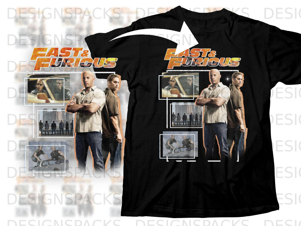 Black t-shirt featuring Fast & Furious logo and movie character collage.