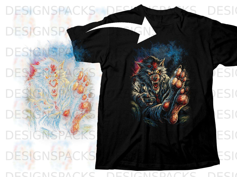 Black t-shirt featuring a snarling werewolf design with intense eyes and detailed paws.
