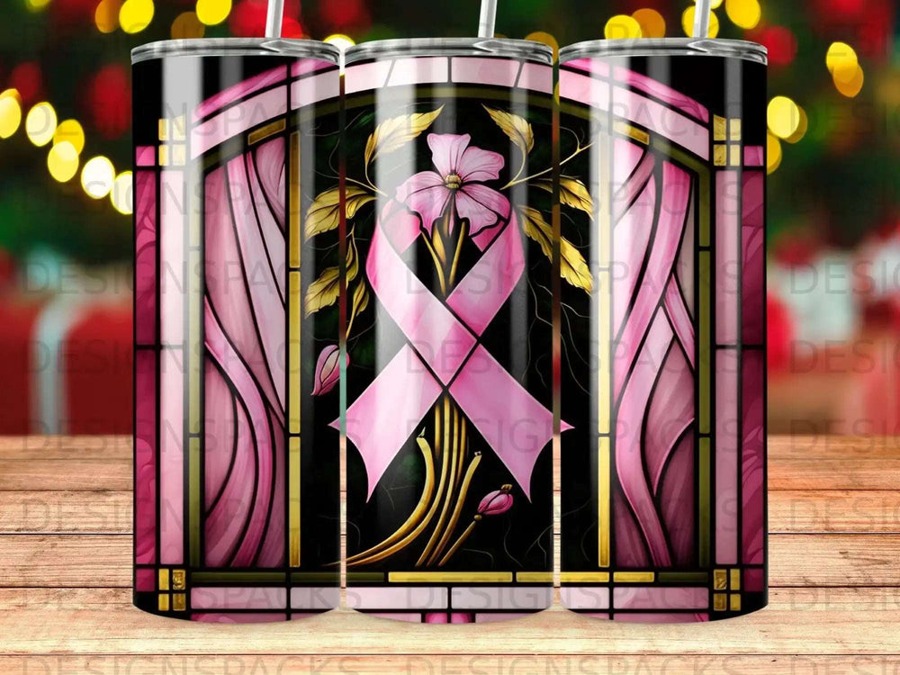 Stained glass tumbler with pink ribbon and floral design.