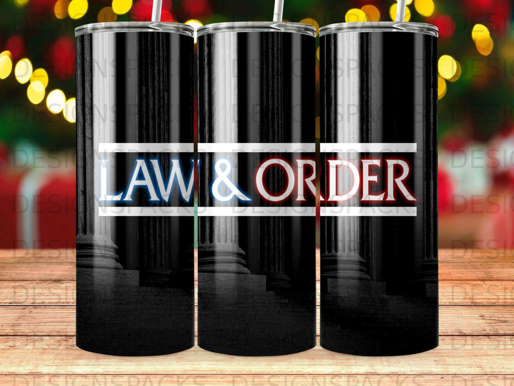 Law & Order tumbler with columns and blue, white, and red text.