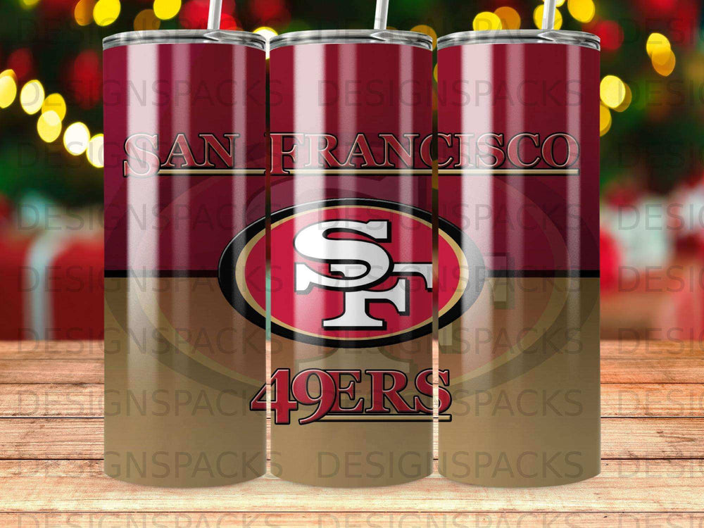 San Francisco 49ers logo on a metallic tumbler.