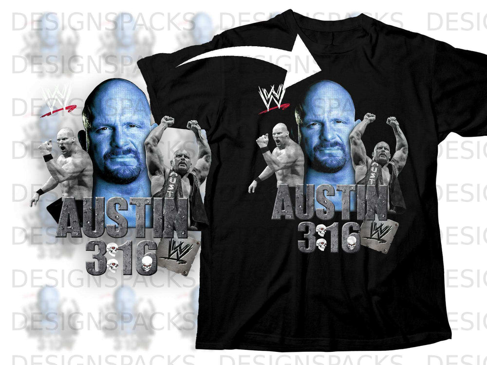 Black t-shirt with Stone Cold Steve Austin graphic, text "AUSTIN 3:16", and WWE logo.