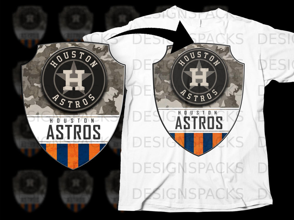 Houston Astros shield logo with camouflage and orange and blue stripes on a white t-shirt.