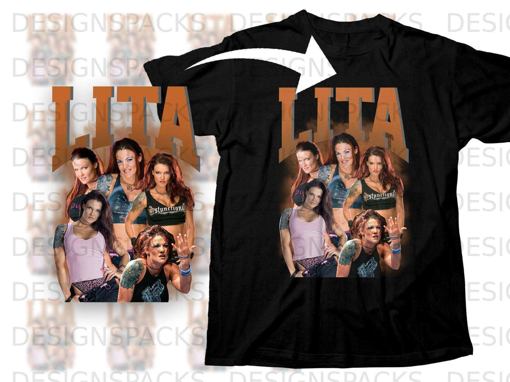 Black t-shirt featuring a graphic of the wrestler Lita.