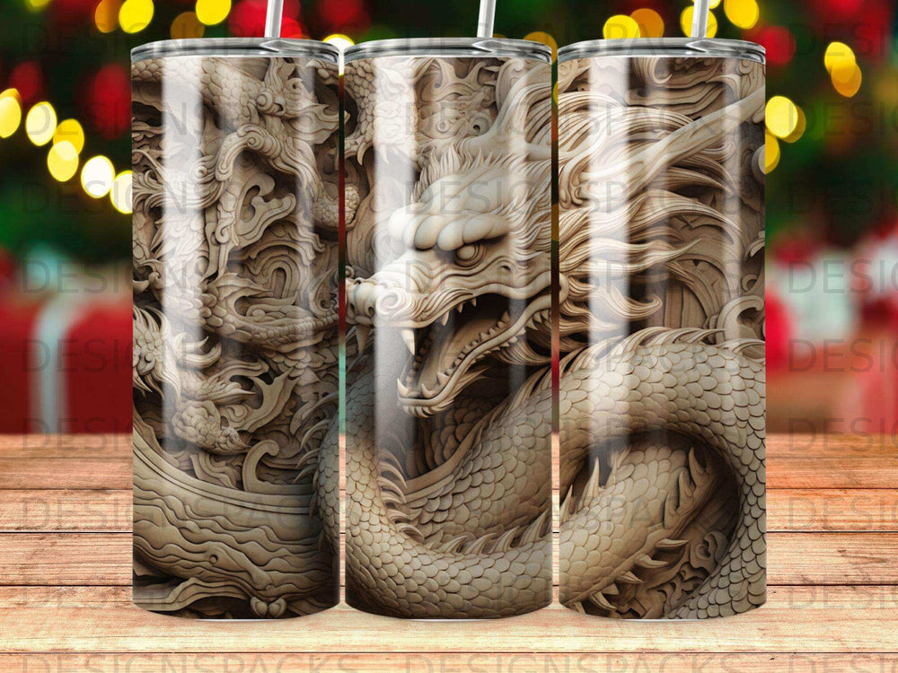 Dragon-themed tumbler with intricate, carved detailing.