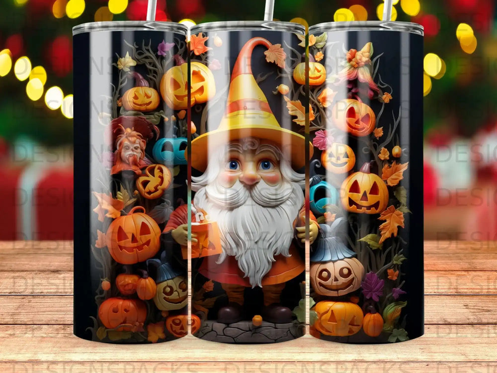 Witch gnome with pumpkins and Halloween decorations.