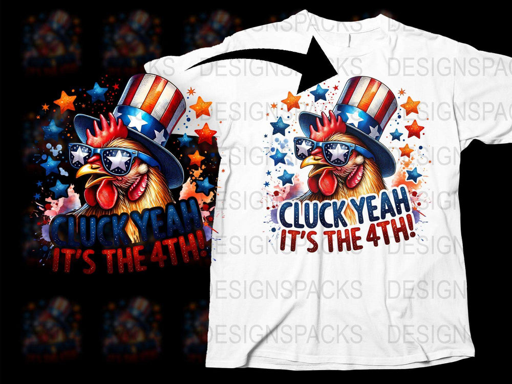 Patriotic Chicken T-Shirt, Cluck Yeah It's the 4th, American Flag Hat, Fireworks Design, Independence Day Shirt