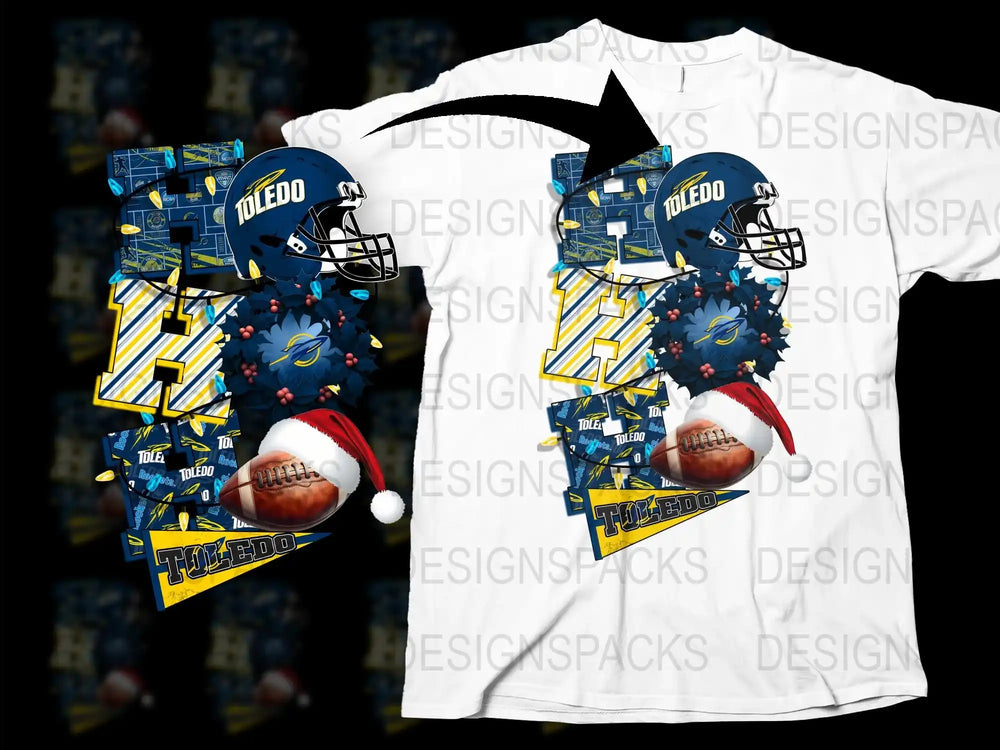 Toledo Football Themed T-Shirt with Helmet and Ball Graphics, Festive Holiday Design, Sports Apparel