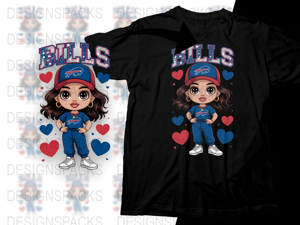 Buffalo Bills Fan T-Shirt, Cute Cartoon Girl Graphic, Football Team Apparel, Sports Themed Casual Clothing