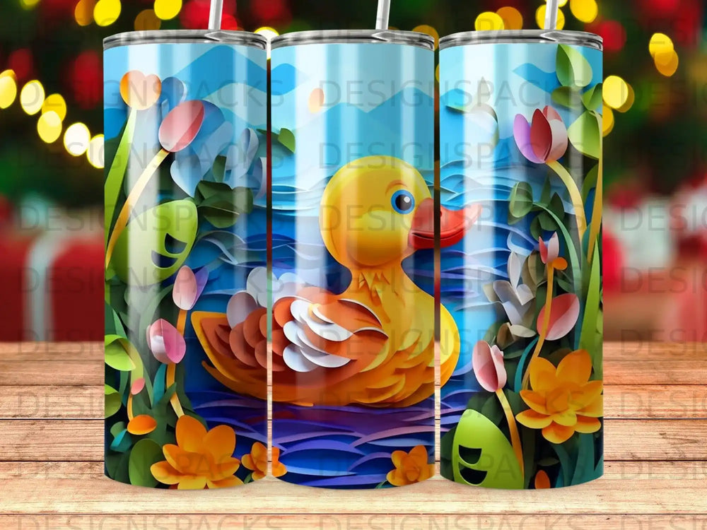 Yellow duck in water surrounded by colorful tulips and leaves.