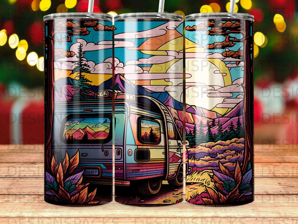 Colorful camper van parked in scenic mountain landscape with sunset and trees.