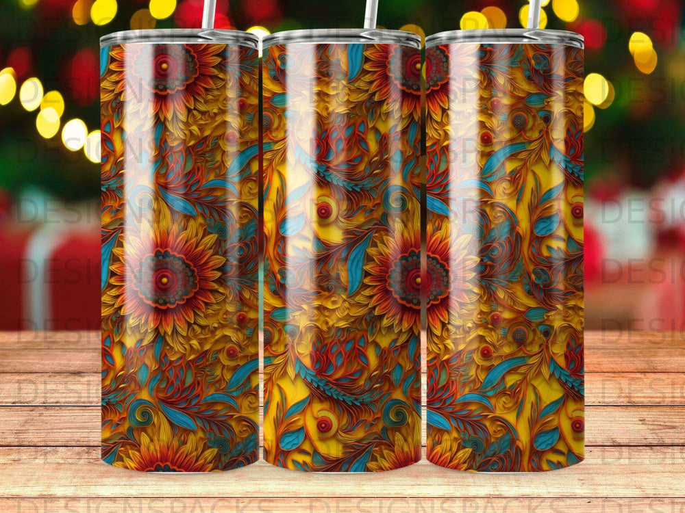 Sunflower floral tumbler with straw, showcasing warm colors and intricate details.
