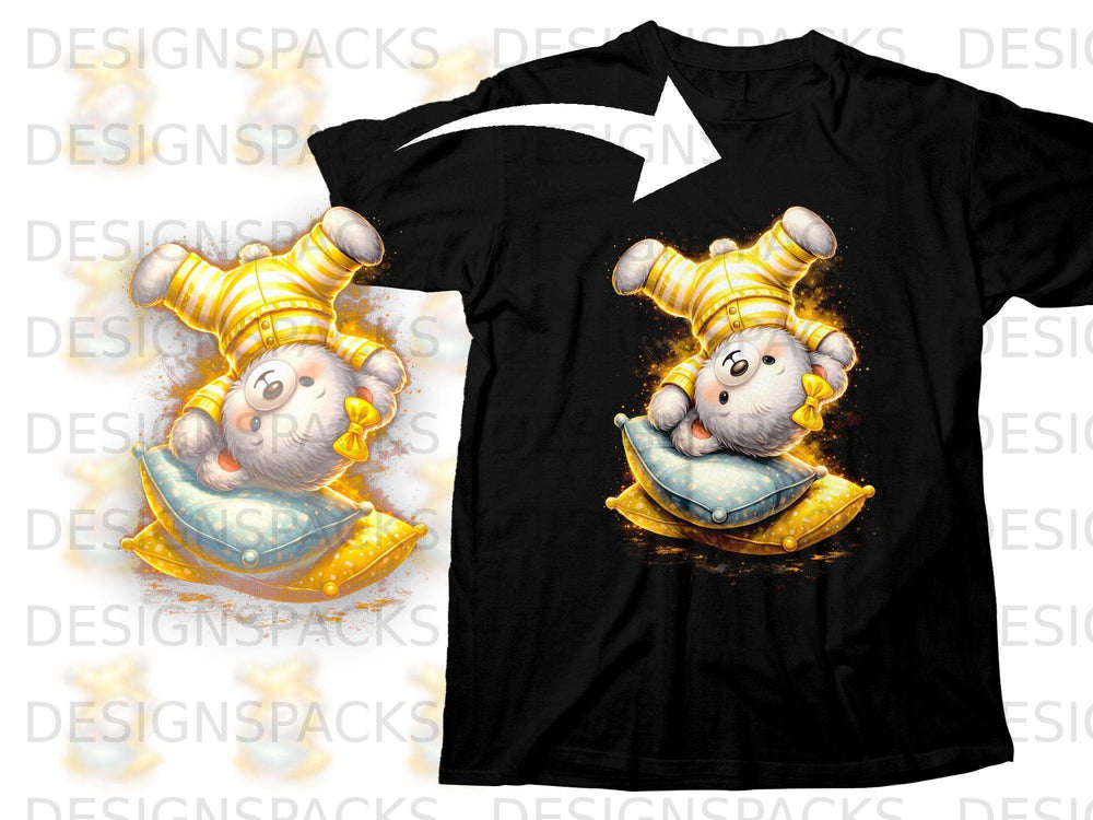 Cute cartoon bear in yellow pajamas sleeping on pillows, displayed on a black t-shirt.