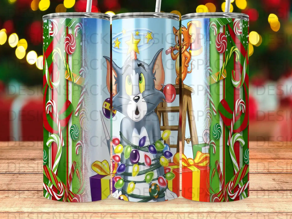 Tom and Jerry tangled in Christmas lights and presents on a ladder.