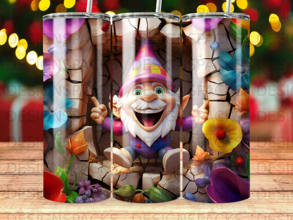 Gnome character with colorful hat and pants, sitting amongst cracked rocks and flowers.