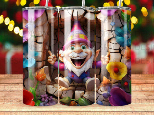 Gnome character with colorful hat and pants, sitting amongst cracked rocks and flowers.