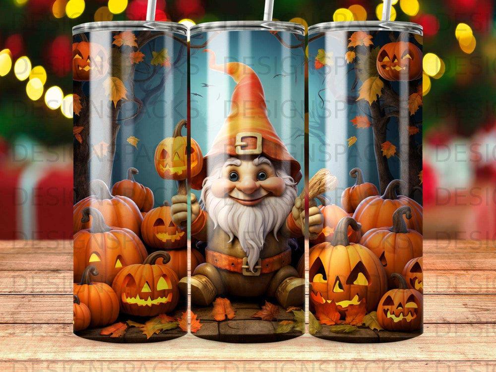 Gnome in orange hat surrounded by carved pumpkins and autumn leaves.