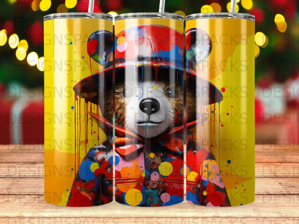 Colorful bear wearing a hat and jacket, with repeating background pattern.