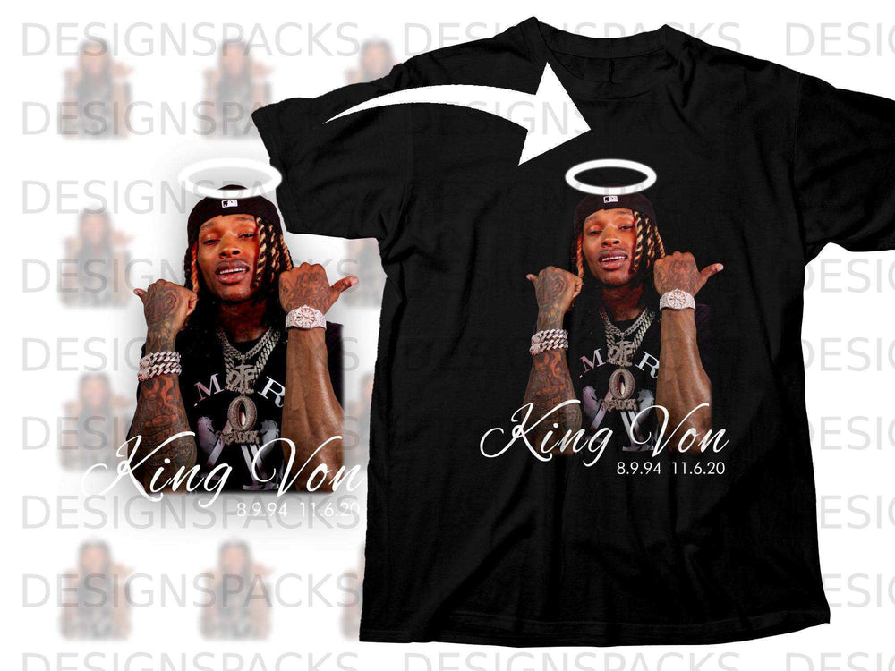 Black t-shirt with King Von's portrait and dates 8.9.94 - 11.6.20.