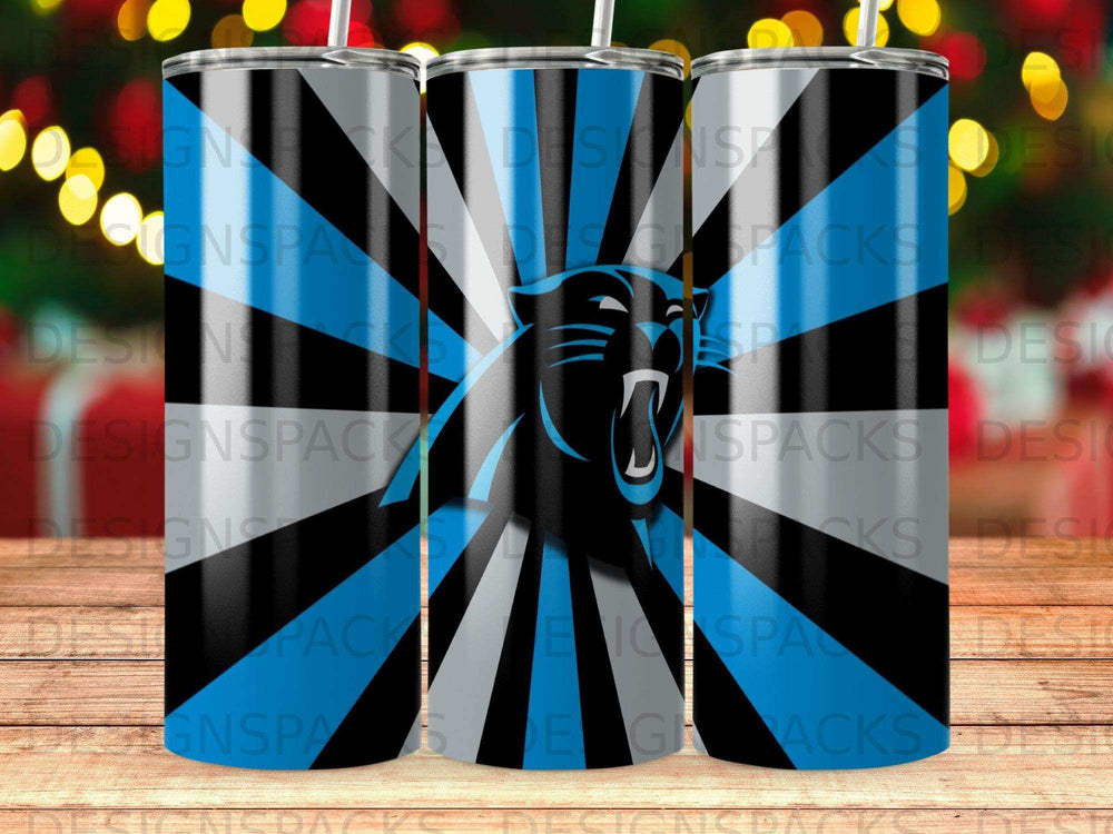 Black panther logo on a blue and gray striped tumbler.
