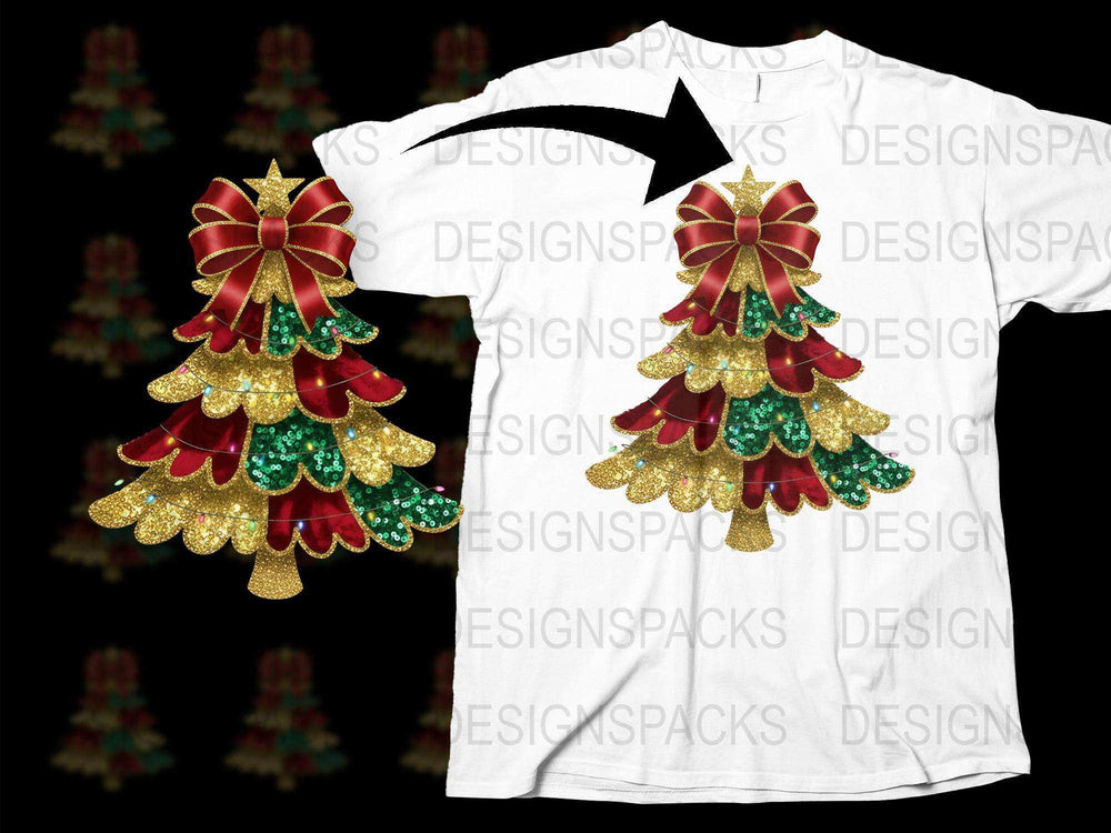 Festive Christmas Tree T-Shirt, Holiday Apparel, Sparkling Red Gold Green Design, Unisex Adult Clothing