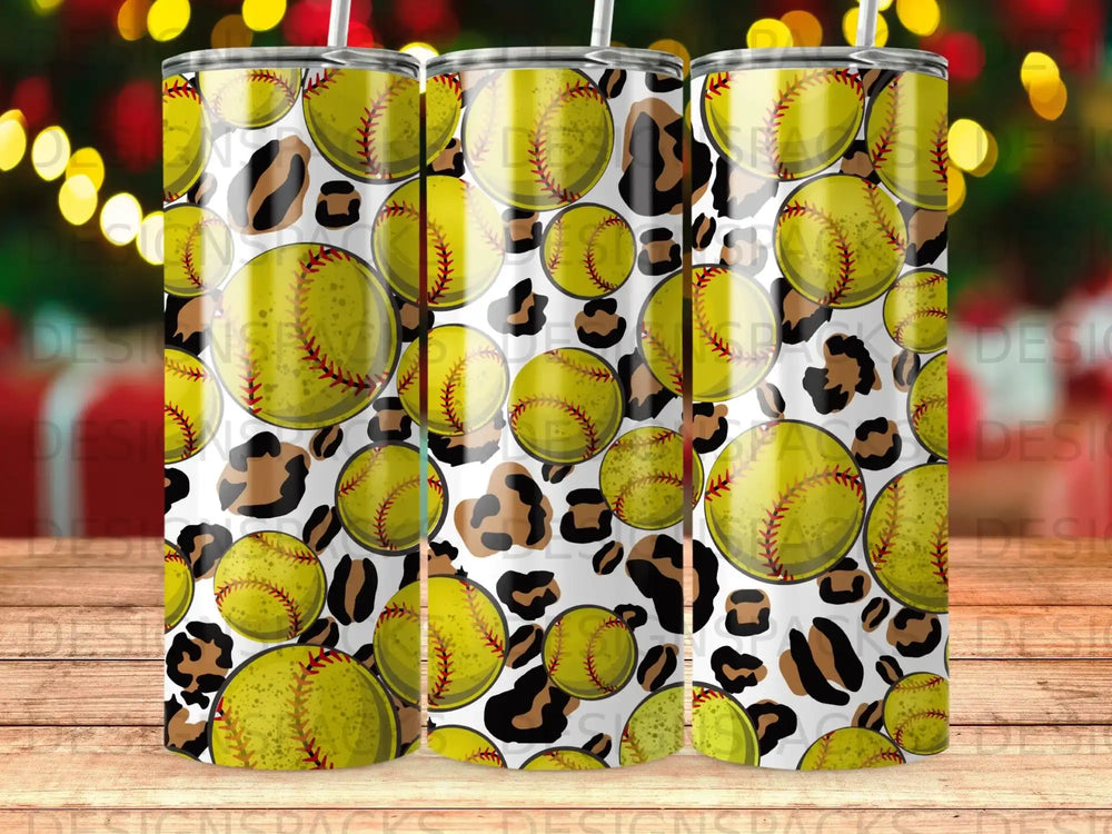 Yellow softballs and leopard print pattern on a seamless tumbler design.