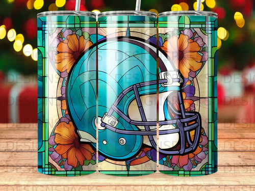 Teal football helmet with stained glass floral border and bokeh lights.