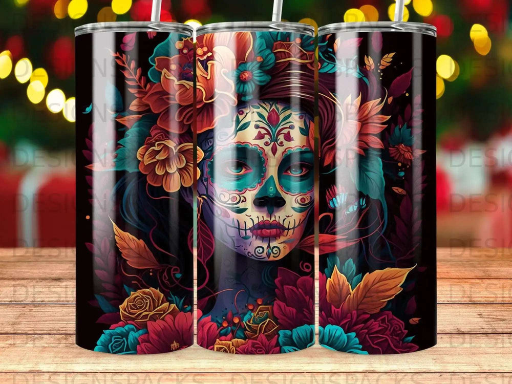Sugar skull woman with colorful flowers and bokeh lights background.
