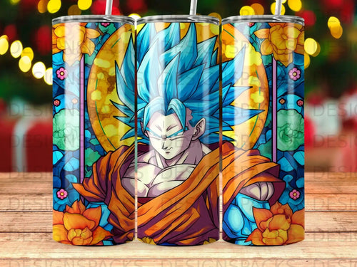 Dragon Ball Z Goku in Super Saiyan Blue form with floral stained glass background.
