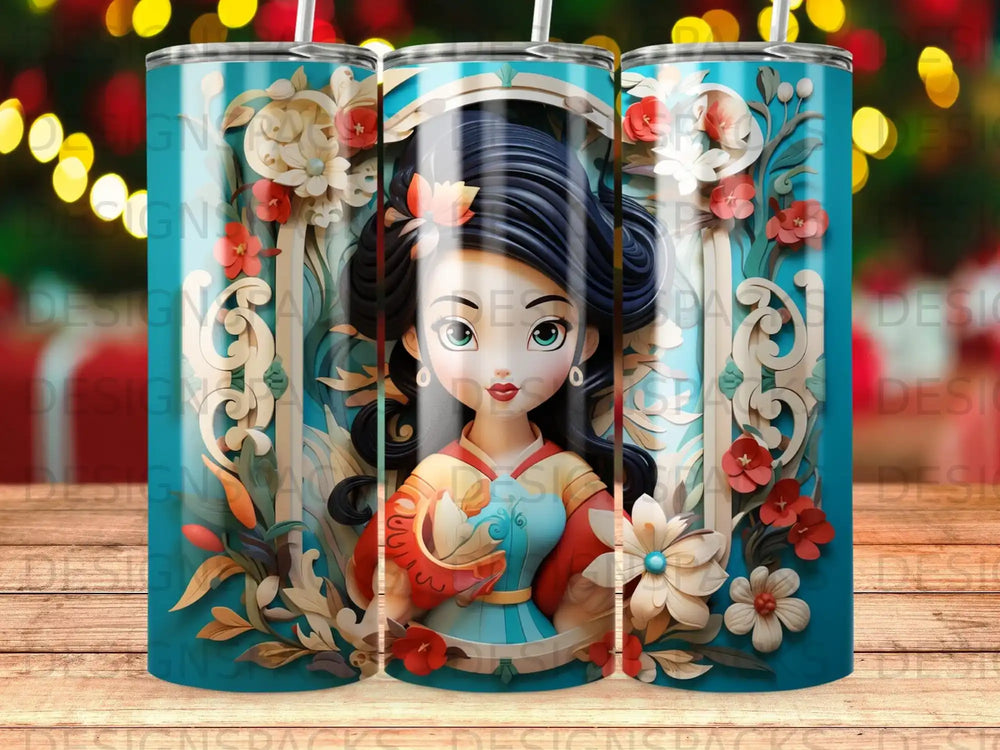 Cartoon girl with dark hair in a floral frame.
