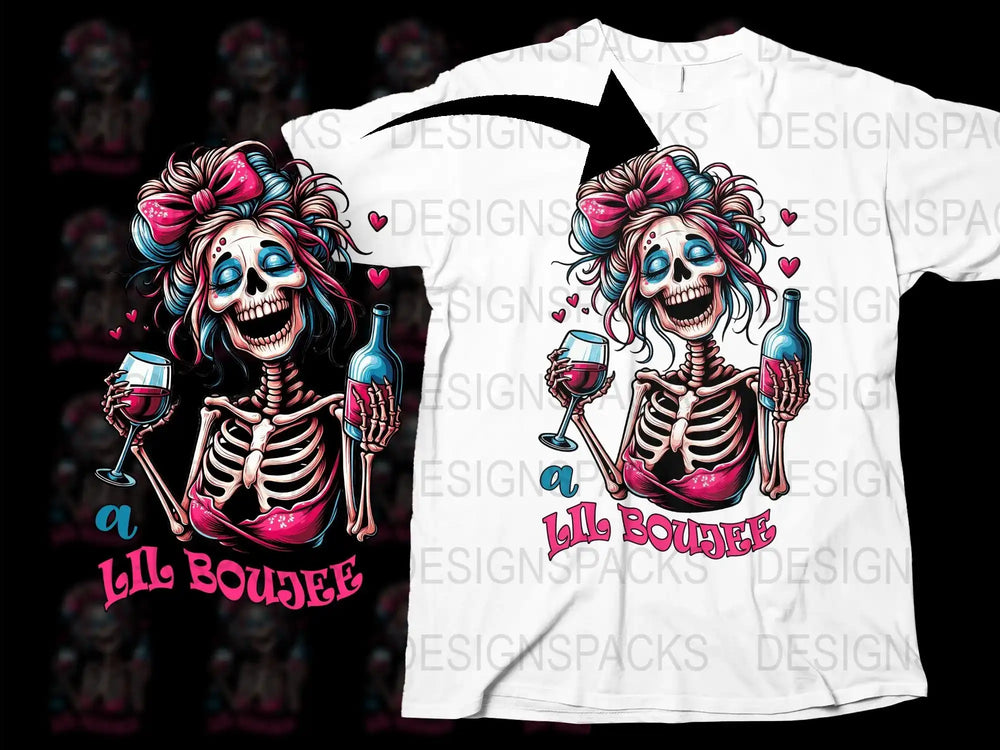 Gothic Skeleton T-Shirt, Wine Glass, Pink Bow, Edgy Graphic Tee for Women, Unique Skull Design, Halloween Party Fashion