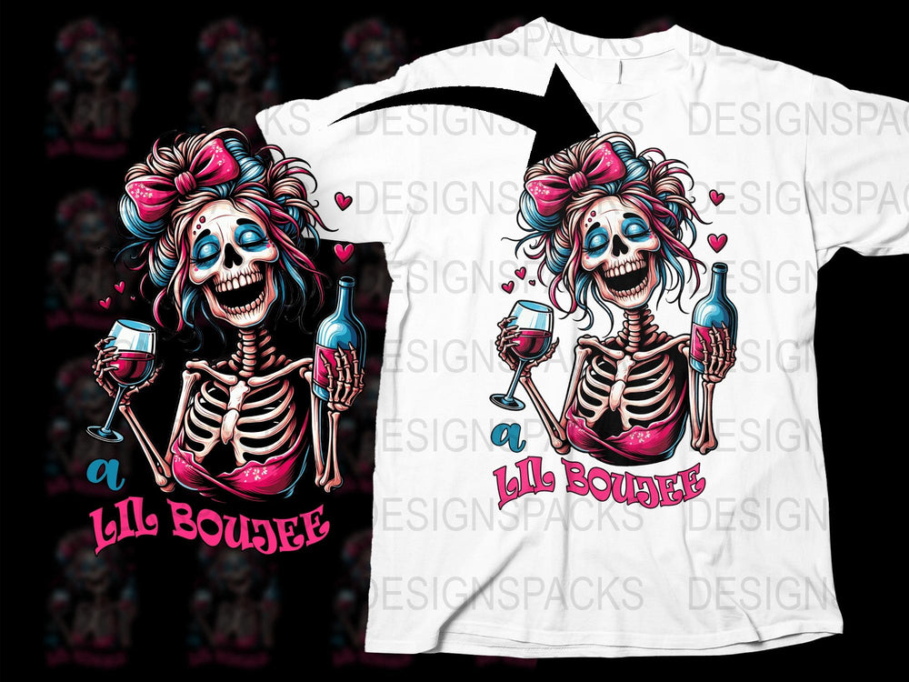 Gothic Skeleton T-Shirt, Wine Glass, Pink Bow, Edgy Graphic Tee for Women, Unique Skull Design, Halloween Party Fashion