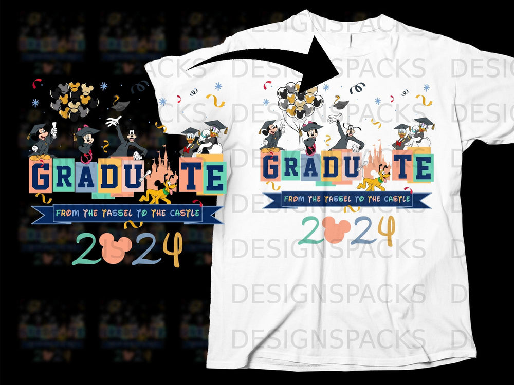 Mickey Mouse characters with graduation caps and balloons, text "GRADUATE" and "2024".