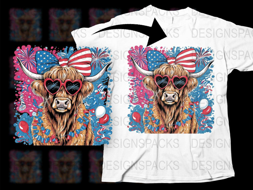Patriotic Highland Cow T-Shirt, American Flag, Heart Sunglasses, Colorful 4th of July Apparel for Adults