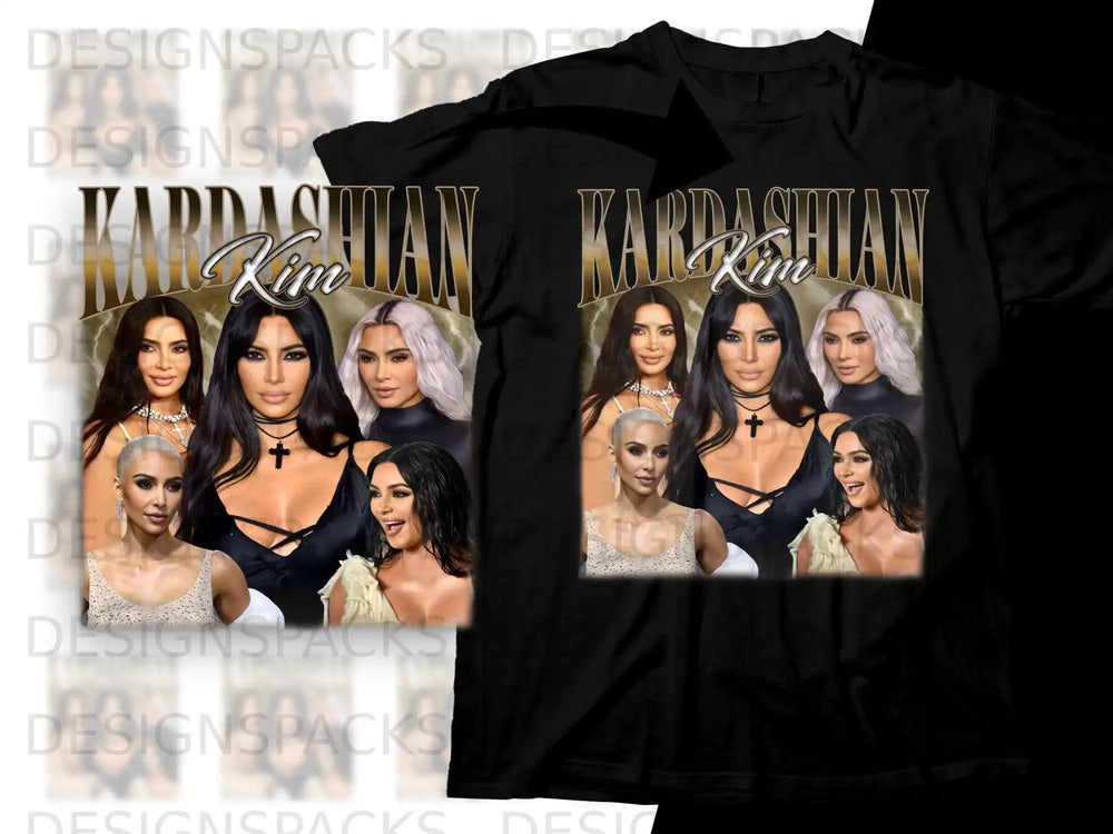 Kardashian family members on a black t-shirt with "Kardashian" text.