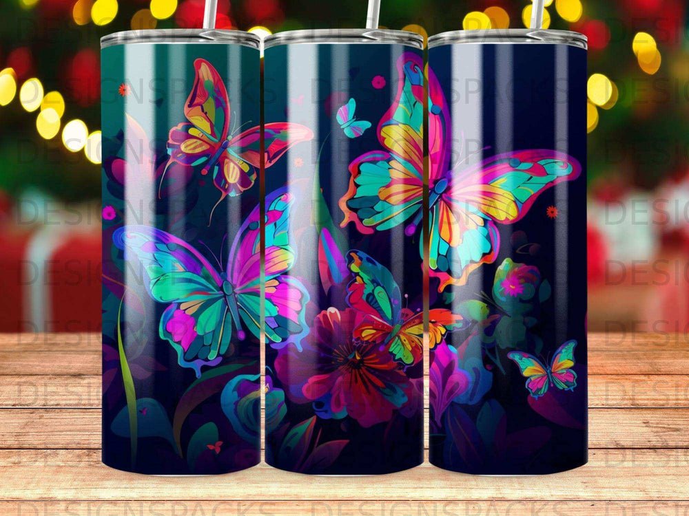 Tapered tumblers with colorful butterfly and floral designs.
