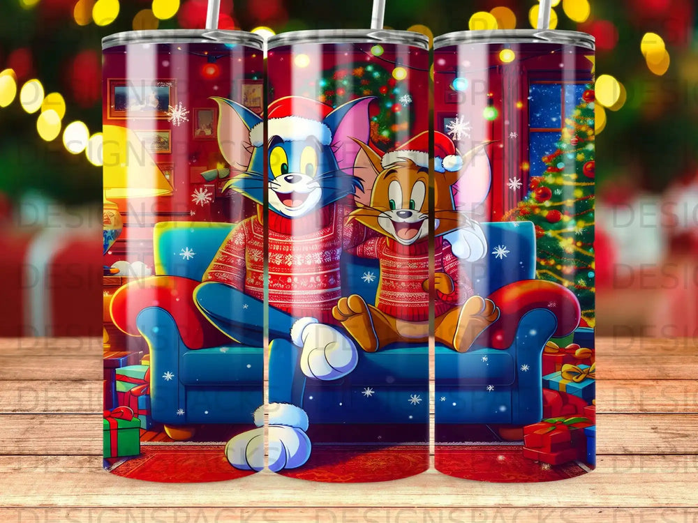 Tom and Jerry wearing Santa hats sitting on a couch with a Christmas tree.