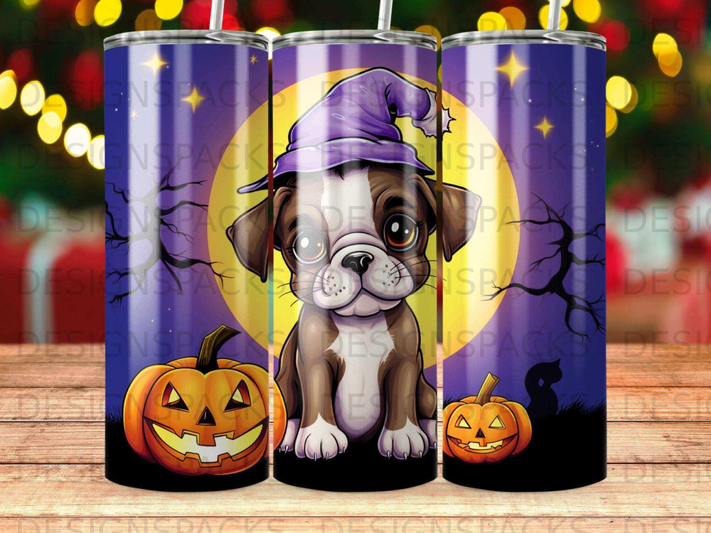 Dog in witch hat with pumpkins and spooky trees.