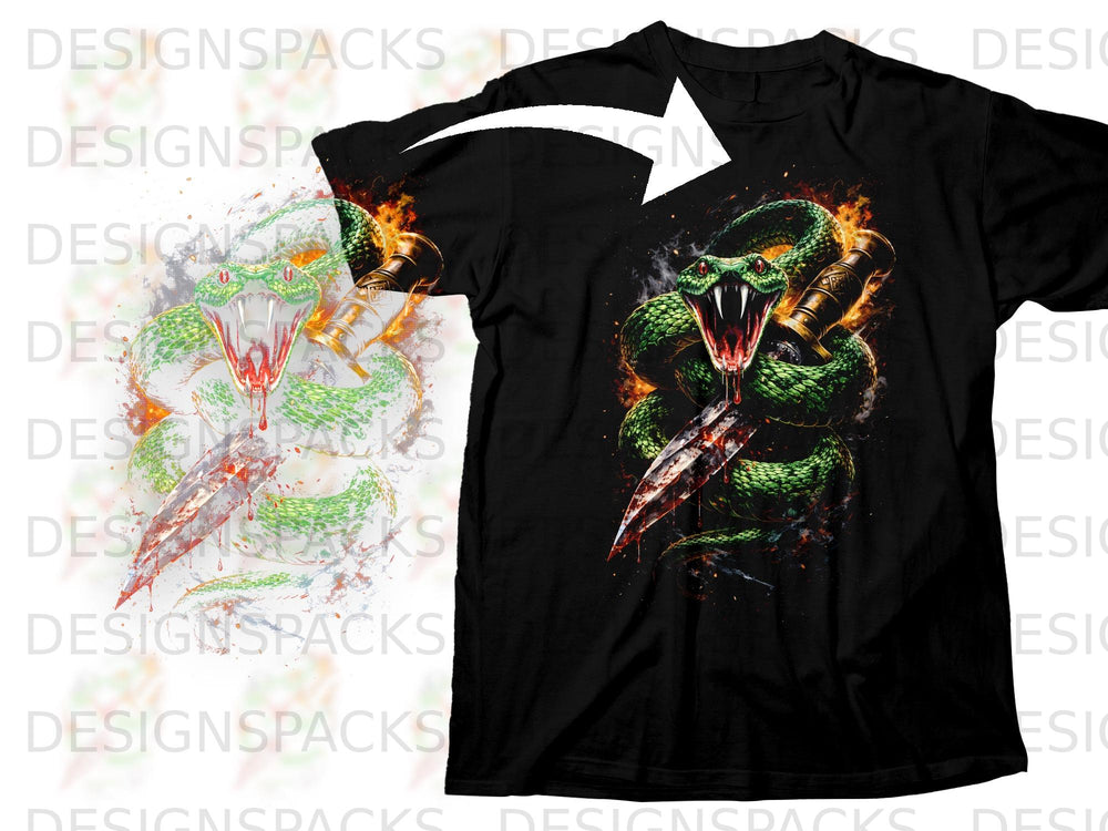 Black t-shirt with a green snake coiled around a bloody dagger.