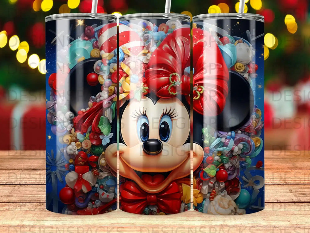 Minnie Mouse head with festive holiday decorations and bow.